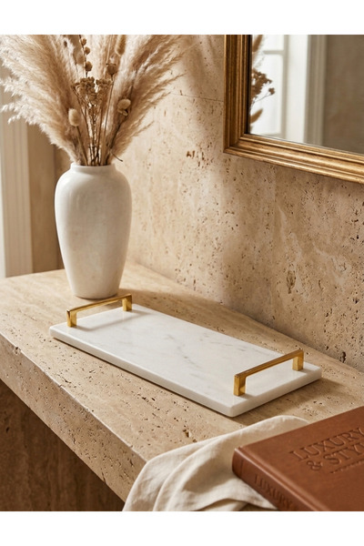 FARALYAHOME Mermer 40x15 Cm Söz Nişan Sunum Tepsisi Beyaz-fergo Gold