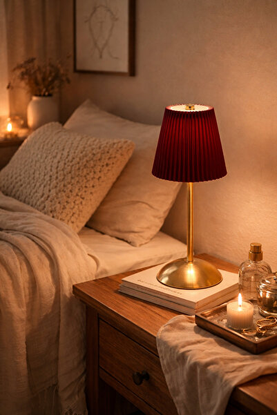 EYD Metal Bordo Dokunmatik Şarjlı Masa Lambası Abajur