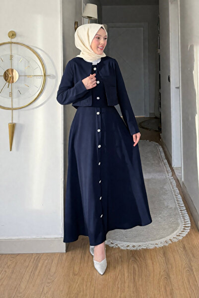 Tesettür Diyarı Γυναικείο φόρεμα από ύφασμα κρεπ με μπουφάν - Μπλε ναυτικό