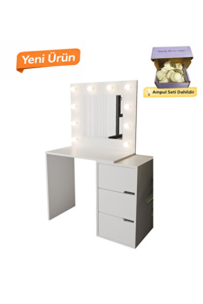 VM VERTEX MOBİLYA Modena Hollywood Işıklı Aynalı Çekmeceli Makyaj Masası Beyaz