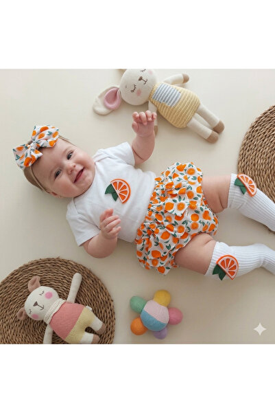 MARS BABY Kız Bebek Turuncu Portakal Fırfır Şort Etek Bodyli Çorap Takımı