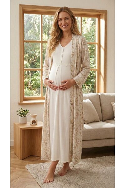 Lohussa Kadın Ekru Desenli Tam Boy Düğmeli Kısa Kol Özel Tasarım Lohusa Hamil...