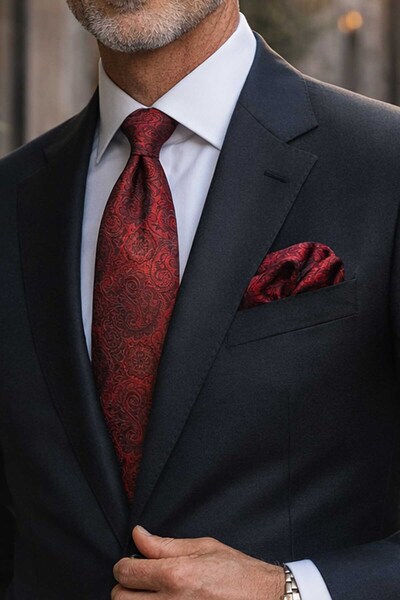 Kravatkolik Κλασική γραβάτα με μοτίβο σάλι σε μπορντό χρώμα με μαντήλι KK13119