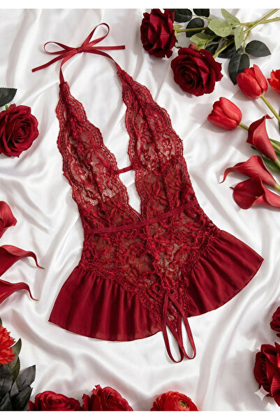 Blizard Women's Red Lace Tulle Halter Neck Nightgown Set