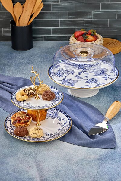 Pinkev Butterfly 2li Fanuslu Seramik Katlı Kurabiyelik Pasta Sunum Tabağı Set...