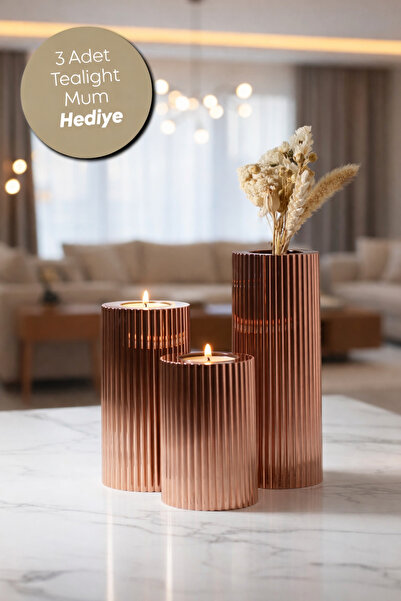 PRİME HOME 3 Lü Bakır Krom Tırtıklı Yüzey Mumluk Dekoratif  Tealight Set Mum ...