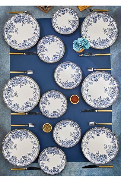 Pinkev 6 Kişilik 12 Parça Seramik Pasta Servis Sunum Tabağı - Mavi Gold