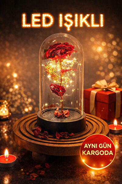 RELİEVO Özel Fanus Içerisinde Led Işıklı Kırmızı Sonsuzluk Gülü