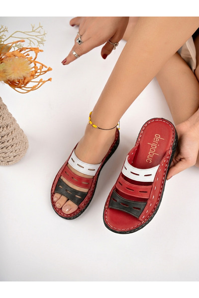 Deripabuc Genuine Leather Red Women's Leather Slippers Dp16-0302