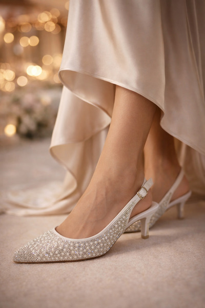 Gold Step ✨ “Beyaz İnci Taşlı Slingback Abiye Ayakkabı 5 Cm Kitten Topuk Özel...