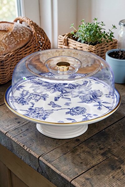 Pinkev Butterfly Ayaklı Seramik Kek Fanusu Pasta Sunum Tabağı Standı