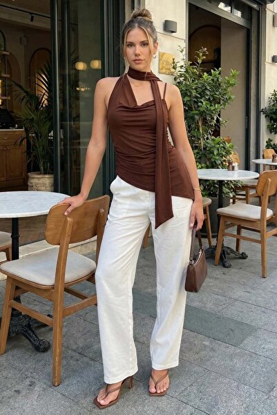 Madmext Καφέ μπλούζα με γιακά και φουλάρι, κομψή γυναικεία μπλούζα MG2650