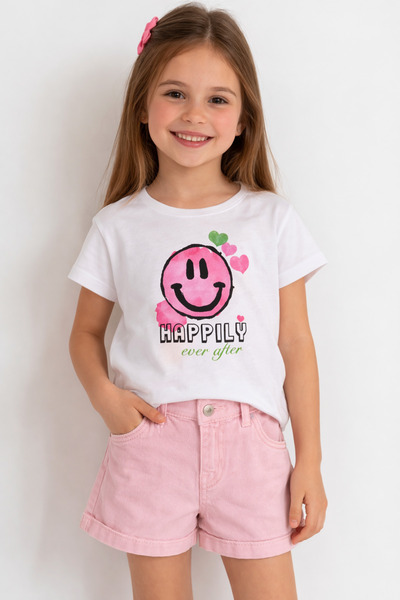 Alin Alp 2-6 Years Old Girl's Smiley Printed White T-Shirt-4 Y