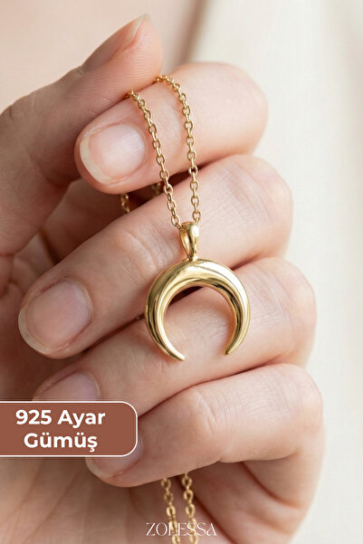 ZOLESSA Kadın Ters Ay Kolye Altın Rengi 925 Ayar Gümüş Zarif Minimal Uzun Hil...