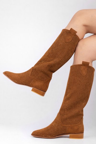 POTEEN Eliz Women's Short Heel Suede Laser Cut Perforated Summer Boots - Brown