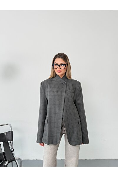 Zey Studio Γυναικείο γκρι καρό μπλέιζερ με γιακά και μονό κουμπί