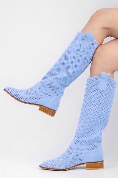 POTEEN Eliz Women's Short Heel Suede Laser Cut Perforated Summer Boots-Baby Blue