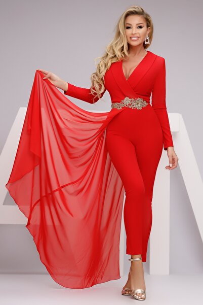Atmosphere Fashion Red jumpsuit with train and gold embroidery