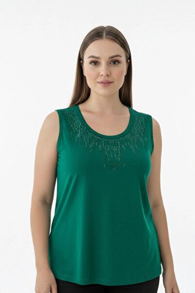 Bİ.GİYSEN Γυναικείο πράσινο U λαιμόκοψη μεγάλου μεγέθους κολάρο με πέτρινη δι...