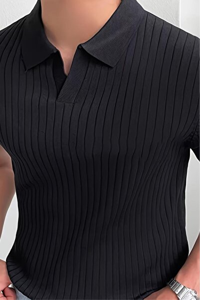 Oksit Lorens Çizgili Likralı Slim Fit Polo Yaka Örme Erkek Triko Tshirt