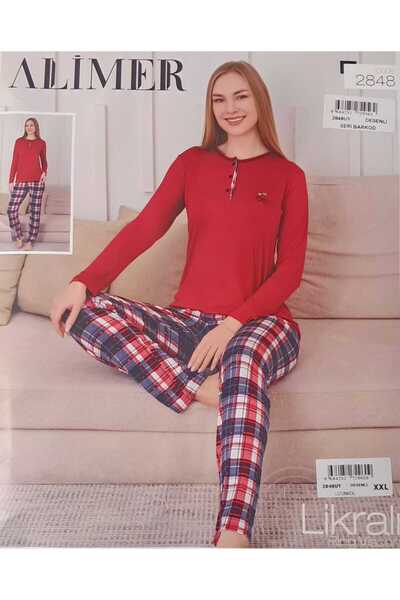 2848 Likralı Ekoseli Ring Viskon Kadın Pijama Takım