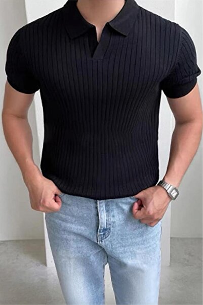 Oksit Lorens Çizgili Likralı Slim Fit Polo Yaka Örme Erkek Triko Tshirt