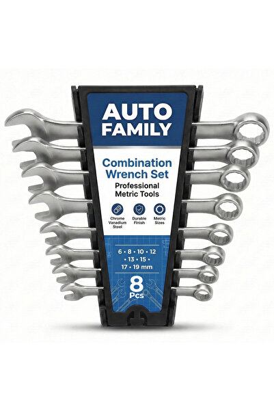 AutoFamily طقم مفاتيح ربط متري من 8 قطع - 6-19 مم، مجموعة مفاتيح فولاذية مع ح...