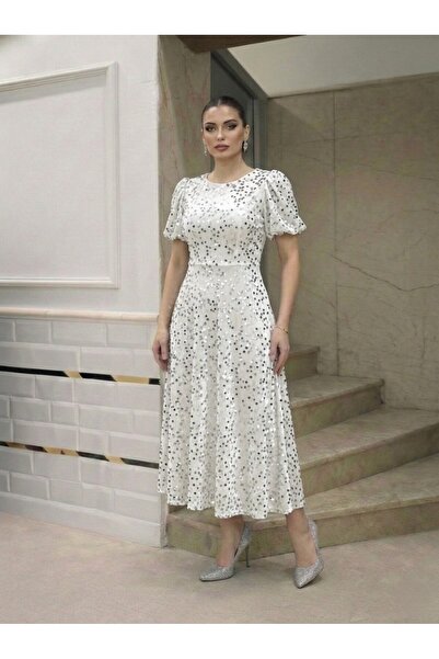 Elbee Fashion Woman Εκρού Φόρεμα μίντι με ασημένιες παγιέτες