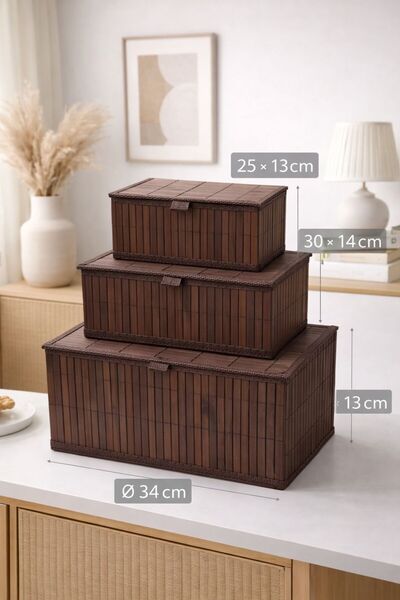 NEWNOW Σετ 3 τεμαχίων καλάθια από μπαμπού με καπάκια, σκούρο καφέ |   Διακοσμ...