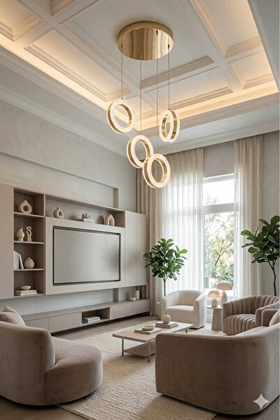 AURA LIGHTING 4'Lü Halka Gold Kristal Sarkıt 3Renk LED Modern Salon/Antre Avi...