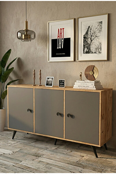 Yurudesign Vilamo Konsol Ahşap Ayak, 3Kapak, Çam-Antrasit-Siyah VL12-222