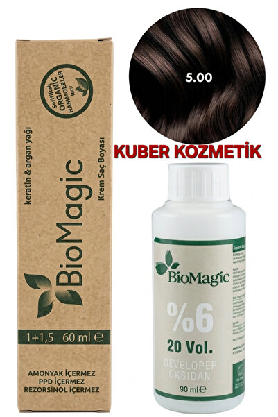 BIOMAGIC 5.00 Açık Kahve Organik İçerikli Amonyaksız Kalıcı Saç Boyası + Oksidan