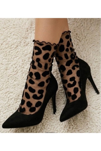 DİLARRA Boutique Μαύρες κάλτσες από τούλι με μαύρο λεοπάρ σχέδιο