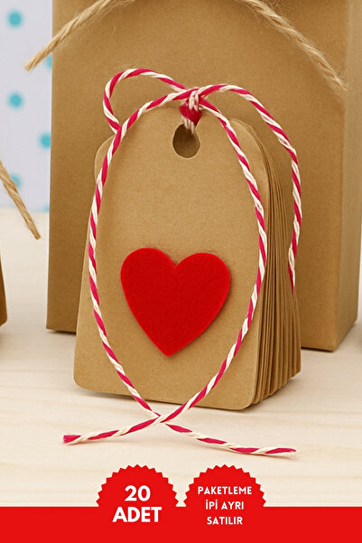 Bimotif 20li Kraft Keçe Kalpli Delikli Etiket, Paket Etiketi, Çok Amaçlı Amba...