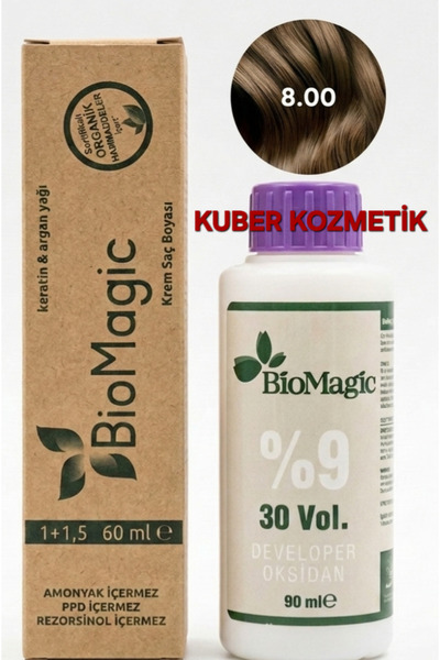 BIOMAGIC 8.00 Açık Kumral Organik İçerikli Amonyaksız Kalıcı Saç Boyası +Oksidan
