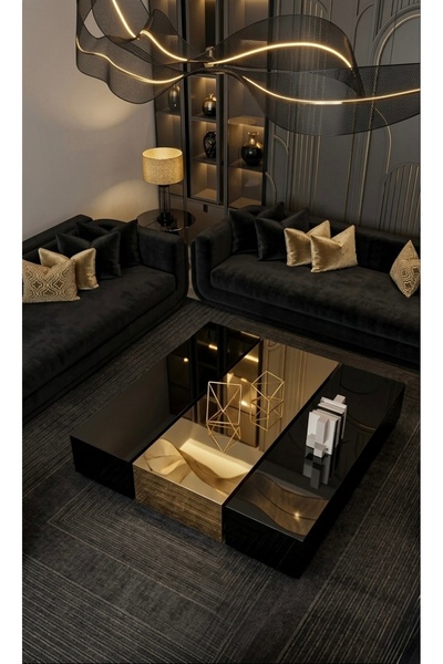 LUXURY VİLLA SIYAH CAMLI GOLD AYNALI TEKERLEKLI DEKORATIF ORTA SEHPA 120 × 12...