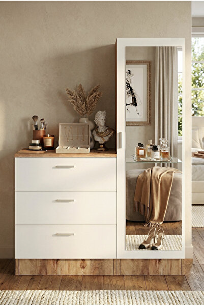 Yurudesign Nancy Aynalı Şifonyer Gardırop Çam-Beyaz