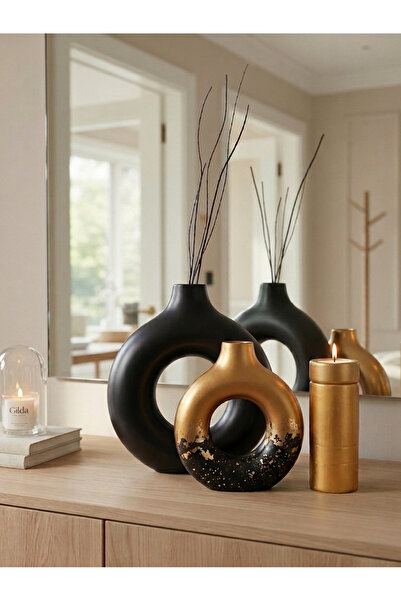 LUNİVAA HOME Decorative Gold + Black Colored Foil Vase Candle Holder Set. Gif...