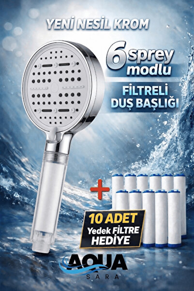 Aqua Sara 6 Fonksiyonlu Filtreli Duş Başlığı (10ADET Yedek Filtre)| Su Arıtma...