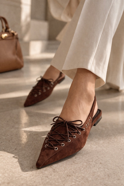 CİMİLİ SHOES Γυναικεία παπούτσια μπαλαρίνας με μυτερή μύτη και κορδόνια σε κα...