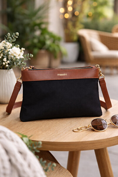 Moom Bag Γυναικεία μαύρη τσάντα χειρός από λινό Massini