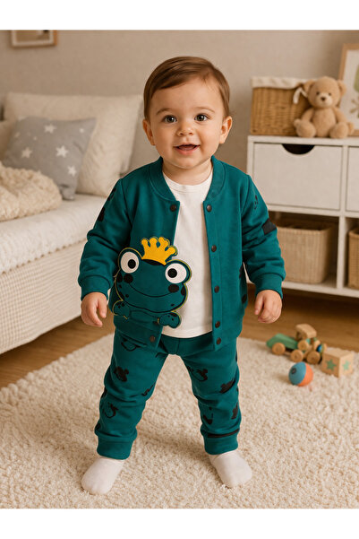 Beblissmini Erkek Bebek Kurbağa Baskılı Hırka – Sevimli Desenli Pamuklu Bebek...