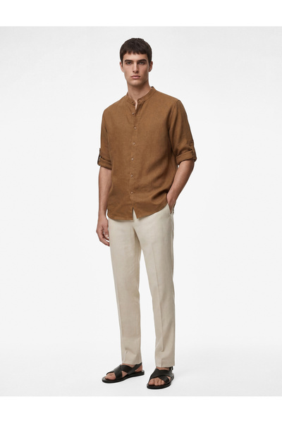 Koton Regular Fit Long Sleeve Notched Collar Linen Shirt