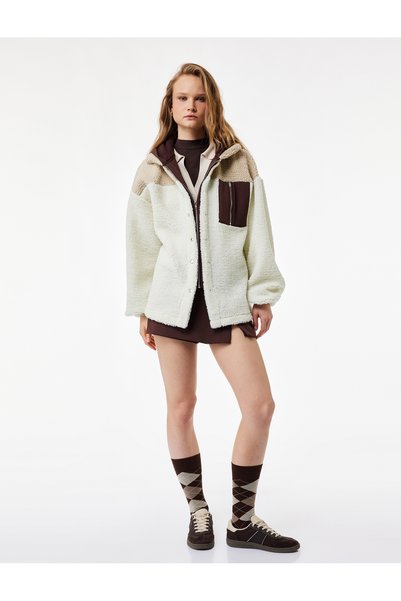 Koton Hooded Color Block Pocket Detail Snap Button Oversized Plush Jacket