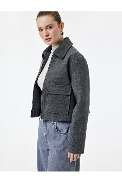 Koton Uzun Kollu Fermuarlı Cepli Crop Kaşe Ceket