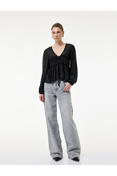 Koton Μακρυμάνικη μπλούζα από τούλι με βολάν με λεπτομέρεια που δένει το μπρο...