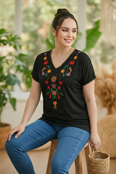 aytemas Bluză cu guler cusut și broderie de flori în față