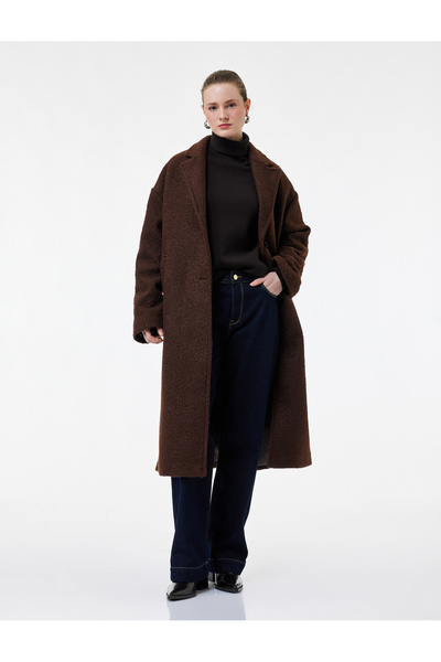 Koton X Melis Ağazat - Uzun Kollu Düğmeli Cepli Buklet Kaban