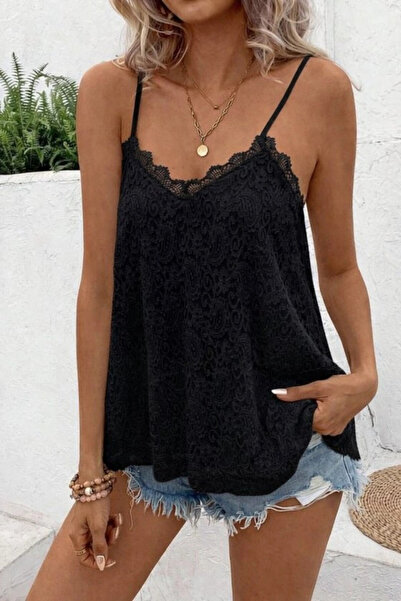 Butik Women's Lace Blouse with Rope Straps and V Lace Collar