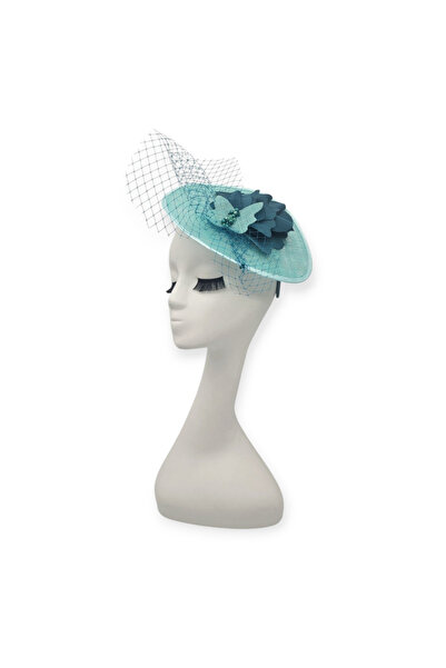 Miss Hat Elegant Turquoise Sinamay Hat with Beads, Flower and Veil
